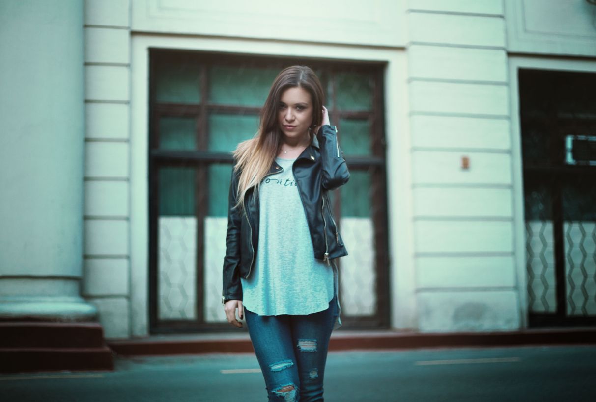 short leather jacket jeans